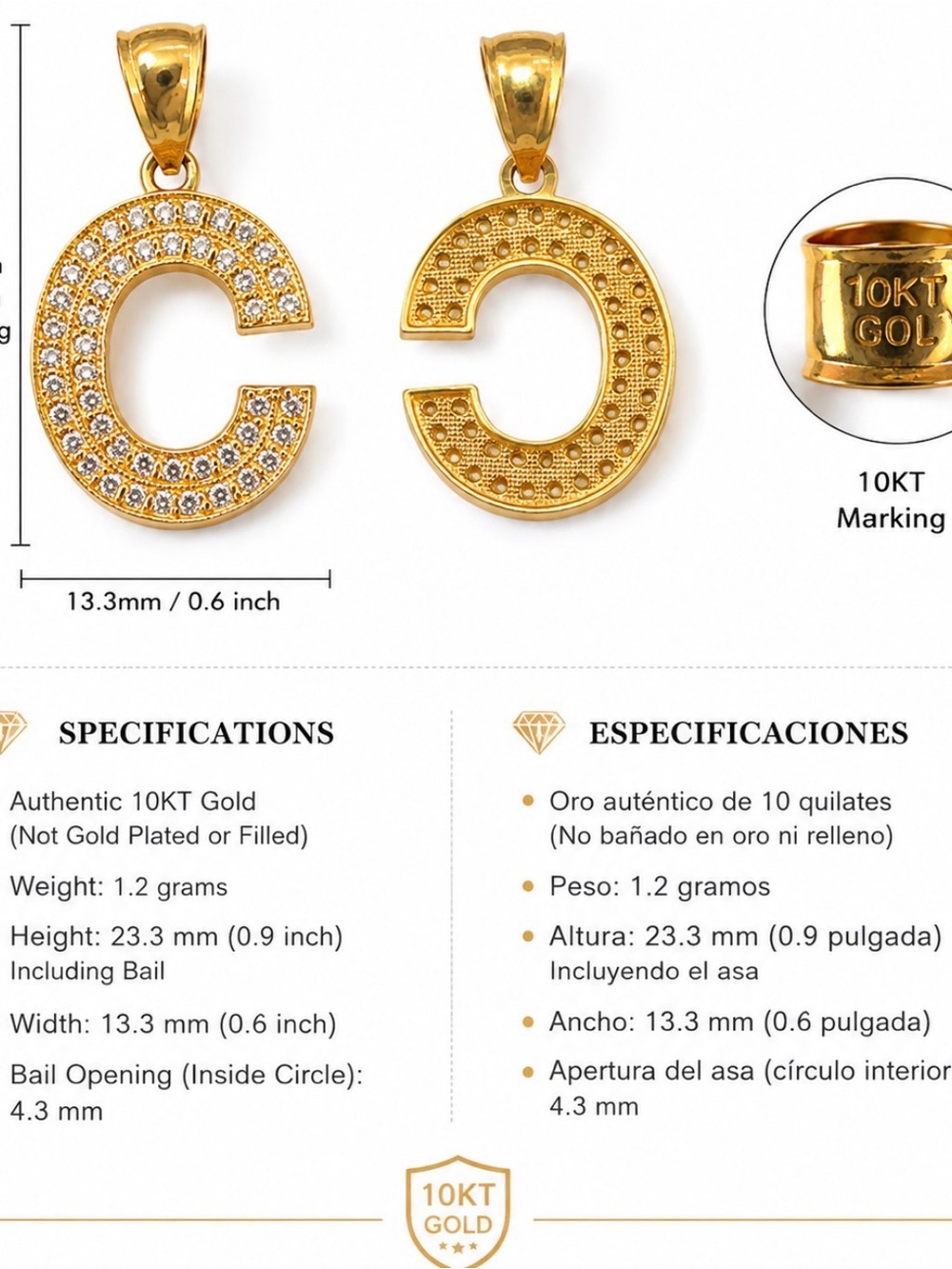 10KT Gold CZ Initial Pendant - C
